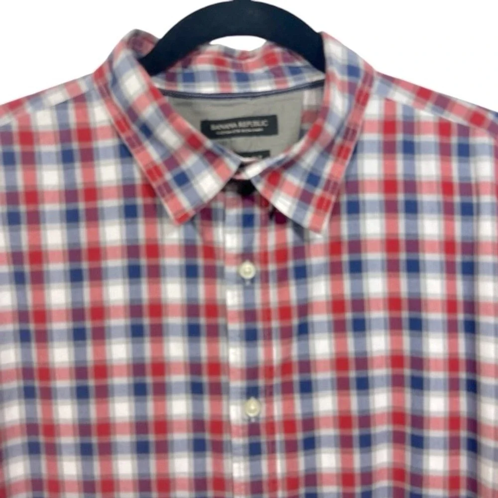 Banana Republic Men's Custom 078 Wash Shirt Camden Fit Red Blue Plaid Size Large
